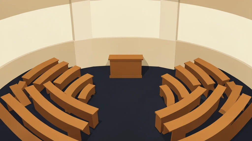 A wide-angle view of the curved wooden seating and central podium in a large, empty assembly hall.