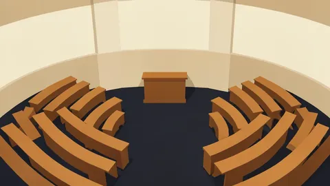 A wide-angle view of the curved wooden seating and central podium in a large, empty assembly hall.