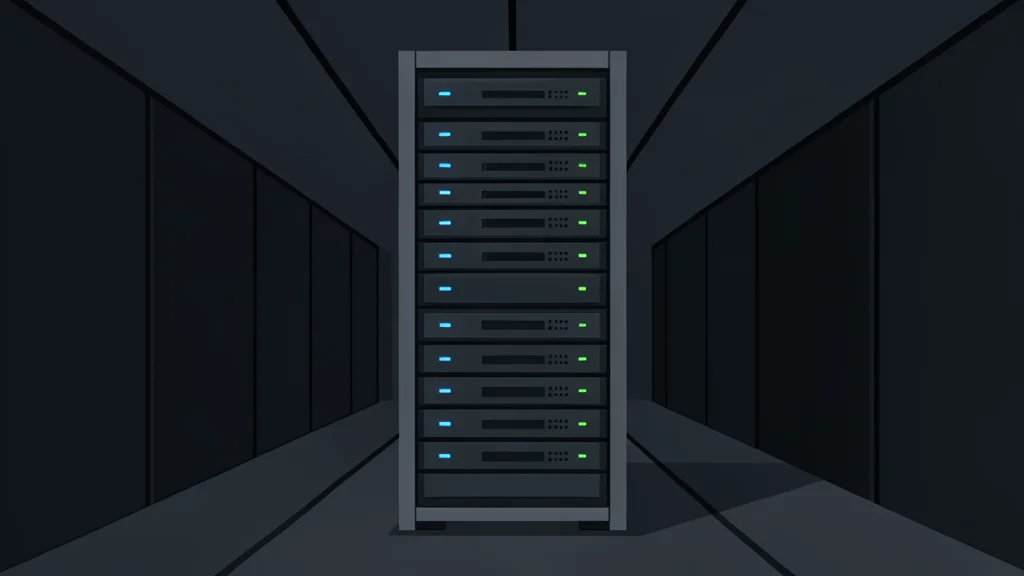 A server rack with blinking status lights in a data center