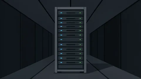 A server rack with blinking status lights in a data center