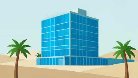 A modern glass office building in a desert city with palm trees in the foreground