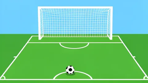 A grass soccer pitch with white boundary lines and a goal net in the background