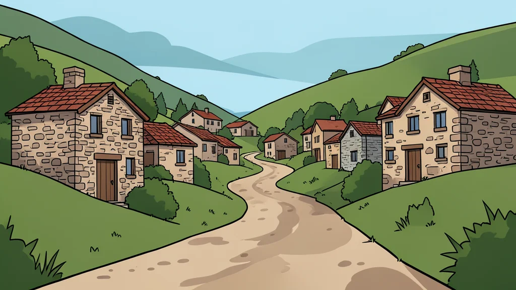 A dusty unpaved road winding through a cluster of stone houses in a hillside village