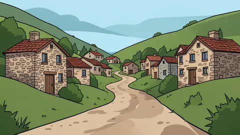 A dusty unpaved road winding through a cluster of stone houses in a hillside village