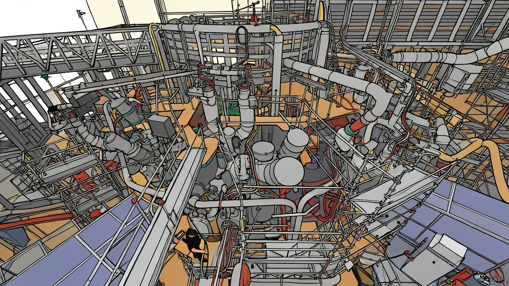 A compact industrial fusion reactor vessel with visible magnetic confinement coils and cooling pipes