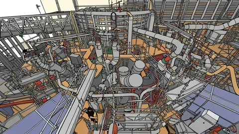 A compact industrial fusion reactor vessel with visible magnetic confinement coils and cooling pipes