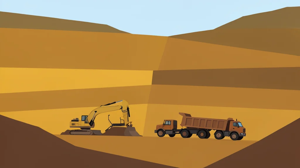 An open-pit gold mine with terraced earth walls and heavy mining equipment