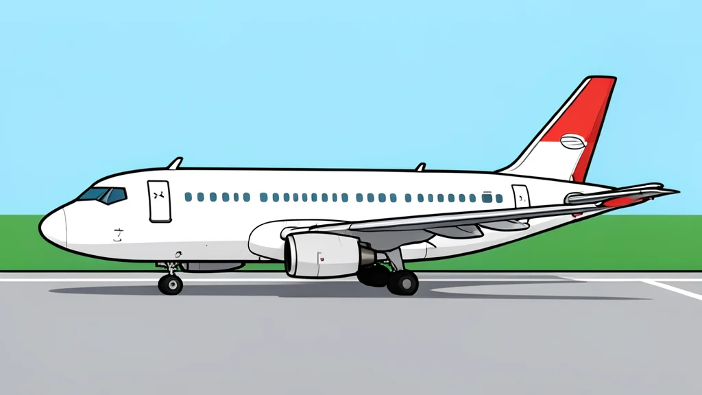A flat-vector illustration of a commercial airplane parked on a tarmac at an airport, surrounded by simple geometric shapes representing a global network.