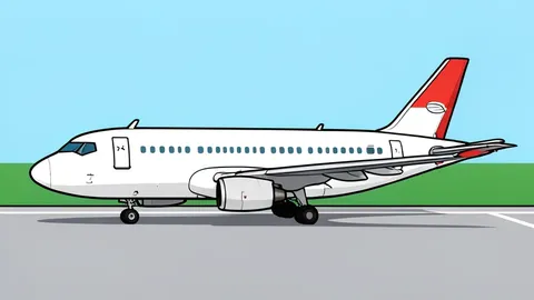 A flat-vector illustration of a commercial airplane parked on a tarmac at an airport, surrounded by simple geometric shapes representing a global network.
