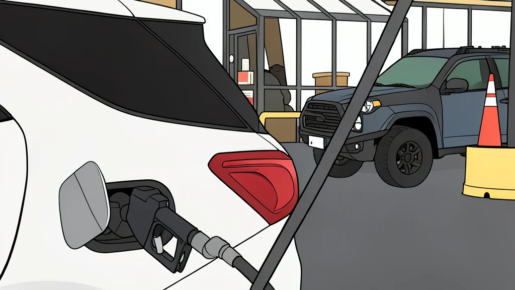 A fuel pump nozzle resting on a concrete island at a gas station