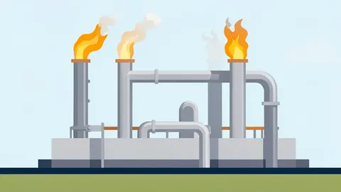 A natural gas processing plant with large silver pipes and flares