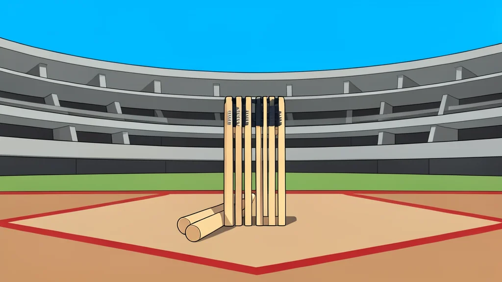 A vibrant vector illustration of a cricket stadium with a green pitch and boundary ropes.
