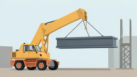 A heavy-duty industrial crane lifting a large steel beam in a construction yard