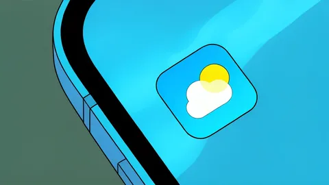 A stylized smartphone icon surrounded by abstract rain clouds and wind swirls