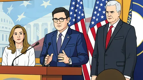 A flat-vector illustration of a legislative chamber with rows of wooden desks and a central podium.