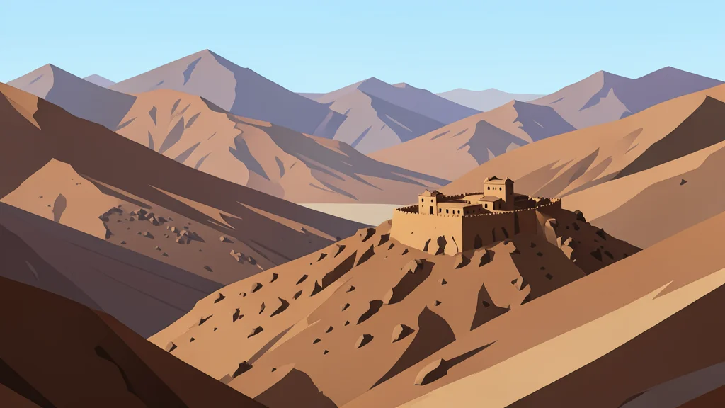A rugged, arid mountain landscape in northern Yemen with a fortified hilltop position overlooking a valley