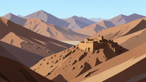 A rugged, arid mountain landscape in northern Yemen with a fortified hilltop position overlooking a valley