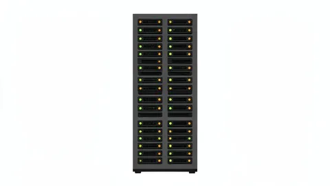 A server rack with blinking status lights