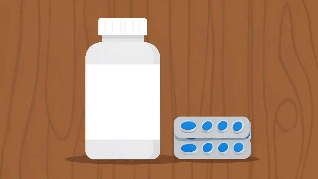 A white pill bottle with a plain label sitting on a wooden counter next to a small stack of blister packs