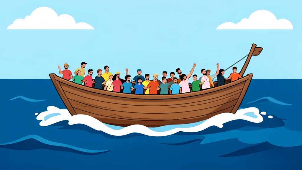 A crowded wooden boat crossing a choppy sea under a grey sky