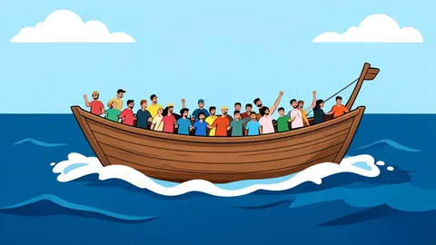 A crowded wooden boat crossing a choppy sea under a grey sky