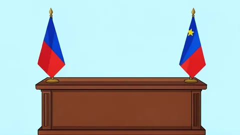 A diplomatic summit table with two national flags standing on either side