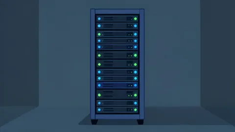 A server rack with blinking status lights in a data center