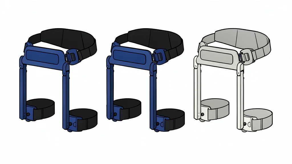 A flat vector illustration of a lightweight mechanical exoskeleton frame with leg straps and a waist belt, designed to be worn over clothing.
