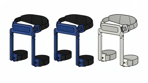 A flat vector illustration of a lightweight mechanical exoskeleton frame with leg straps and a waist belt, designed to be worn over clothing.