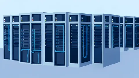 Rows of server racks in a data center