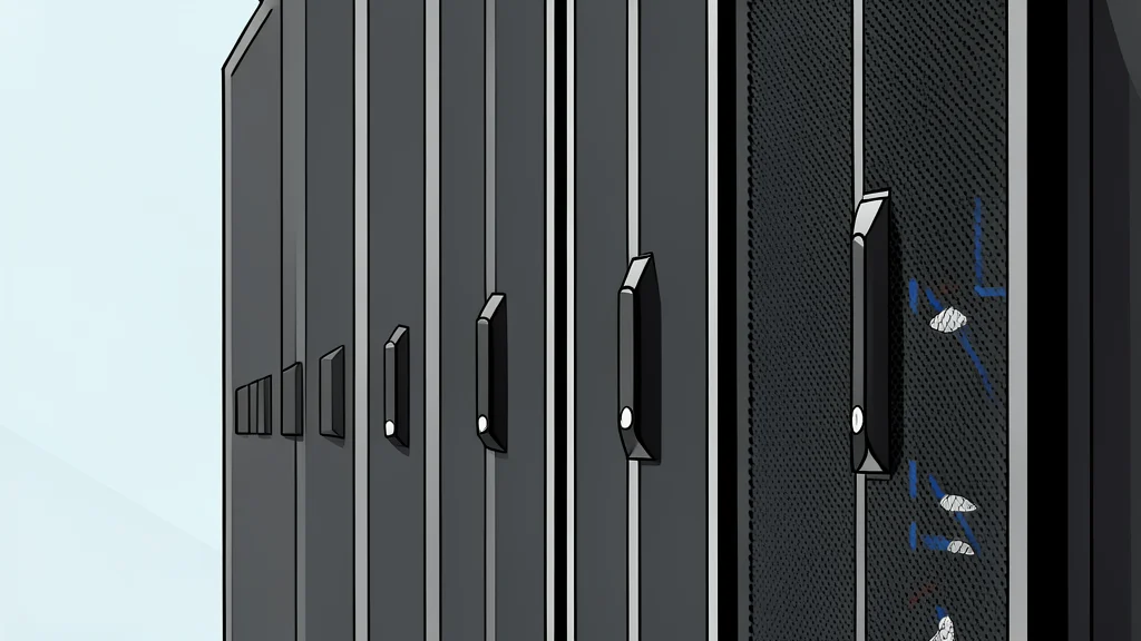 Rows of tall, dark server racks with blinking status lights inside a large, air-conditioned facility