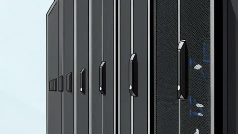 Rows of tall, dark server racks with blinking status lights inside a large, air-conditioned facility