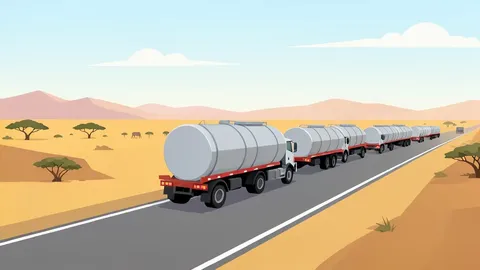 A convoy of fuel tankers traveling on a dusty highway through the Sahel landscape