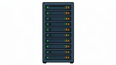A server rack with blinking status lights in a data center