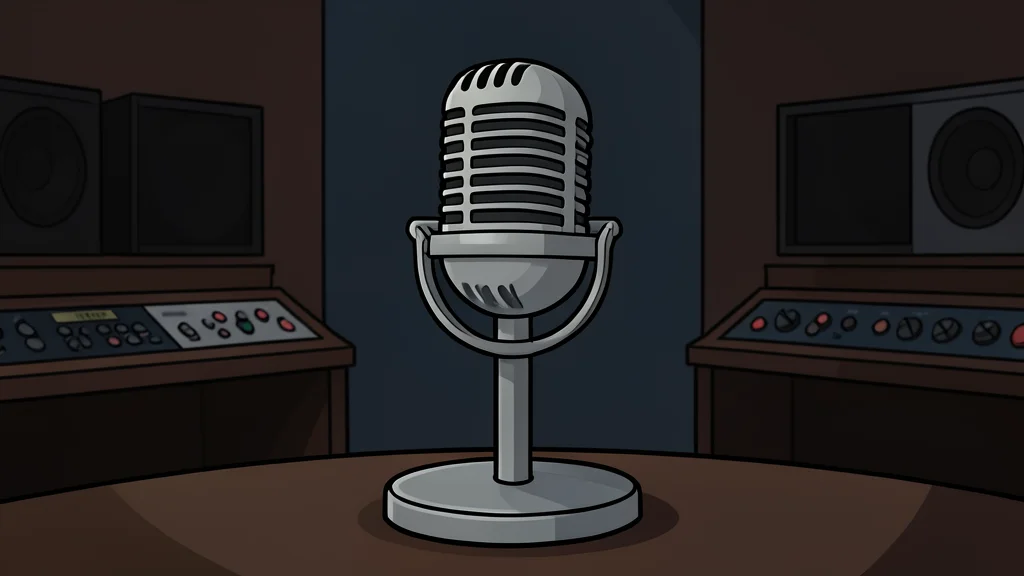 A vintage microphone on a stand in a dimly lit recording studio