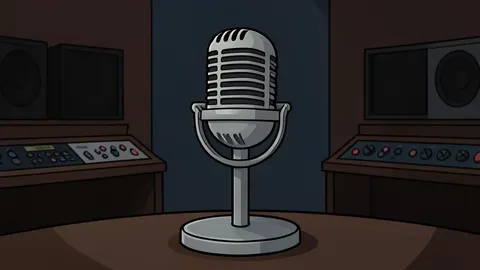 A vintage microphone on a stand in a dimly lit recording studio