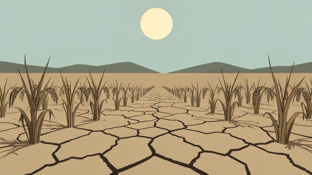 A paddy field with dry, cracked earth and withered rice stalks under a harsh sun.