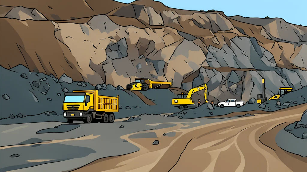 A large industrial gold processing plant with rotating grinding mills and conveyor belts in a mining landscape.