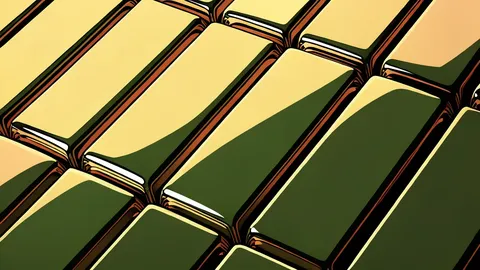 A stack of shiny yellow bullion bars on a dark surface