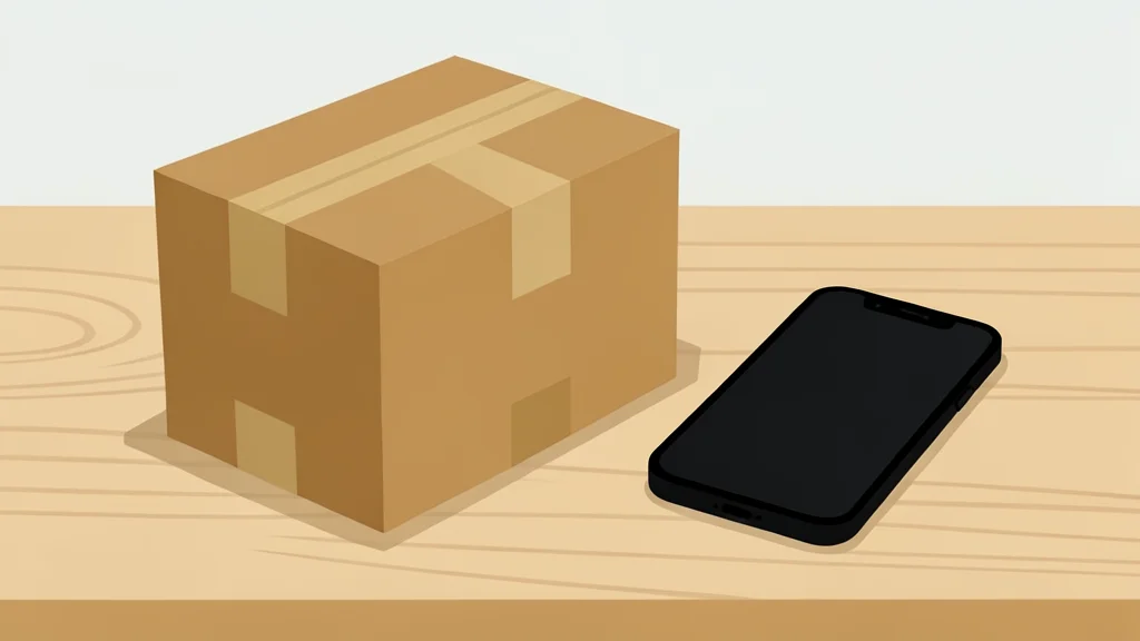 A cardboard shipping box sits on a wooden table beside a smartphone.