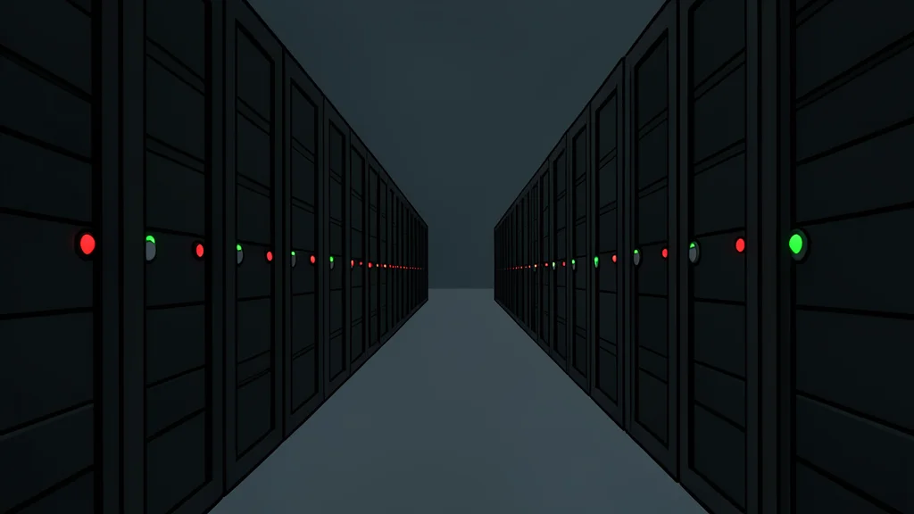 Rows of black server racks with blinking status lights in a dimly lit data center aisle