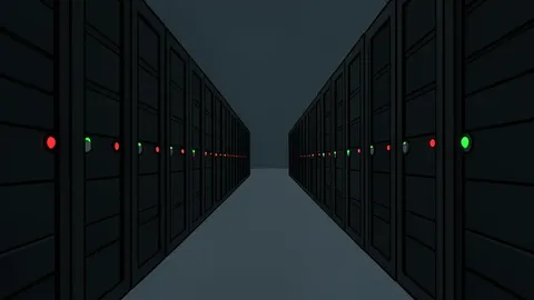 Rows of black server racks with blinking status lights in a dimly lit data center aisle