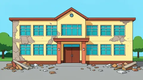 A flat vector illustration of a damaged primary school facade with debris scattered on the ground.