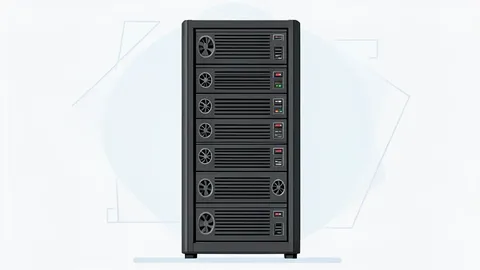 A flat-vector illustration of a server rack in a data center.