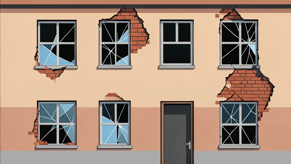 A damaged residential building facade with shattered windows and exposed brickwork