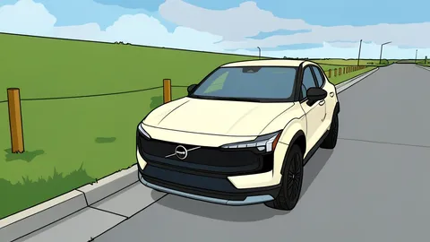 A flat-vector illustration of a compact electric SUV parked on a city street with minimalist buildings in the background.