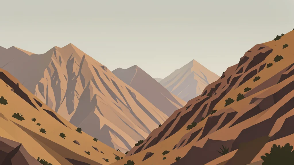 A rugged, arid mountain range with steep rocky slopes and sparse vegetation under a hazy sky