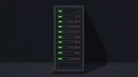 A server rack with blinking status lights in a dark data center