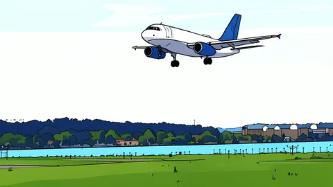 A stylized control tower overlooking a runway with airplanes taking off