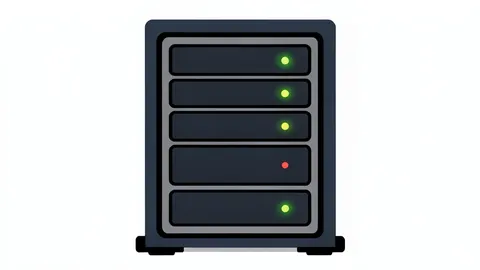 A flat-vector illustration of a server rack with blinking status lights